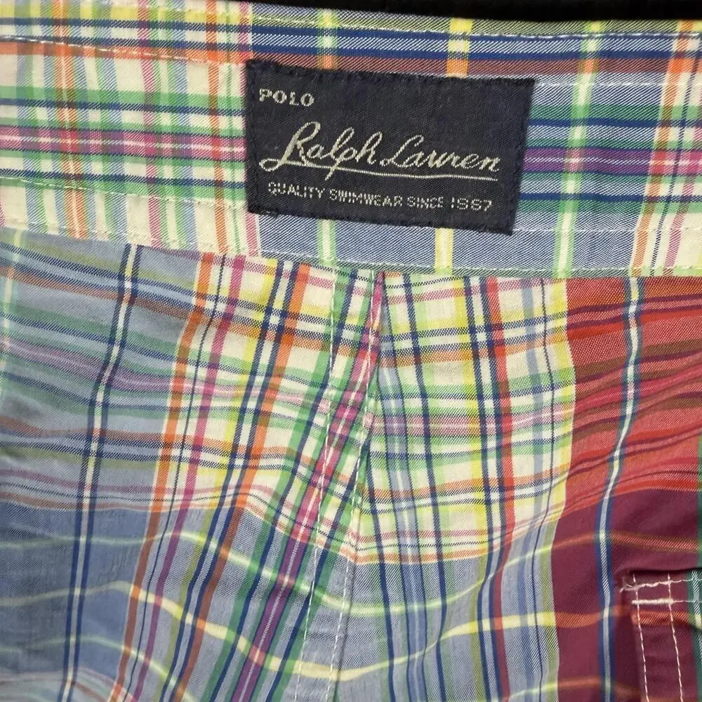 Polo Ralph Lauren Mens 36 Madras Plaid Cargo Board Shorts Swim Trunks Y2K Resort